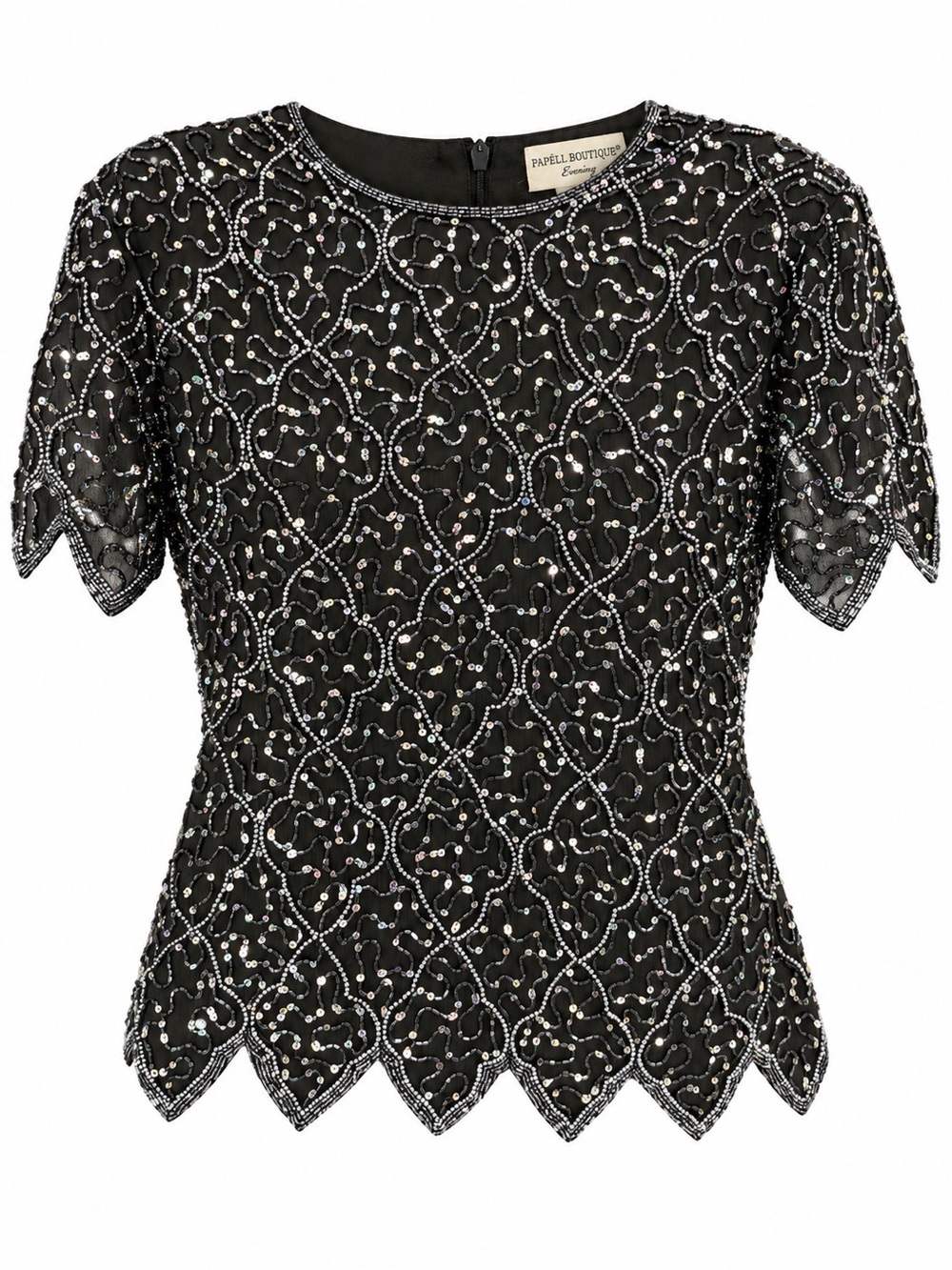 Papell Boutique Black Sequin & Beaded Short Sleeve Top
